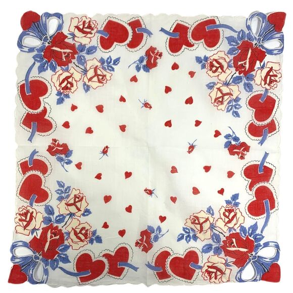 Valentine Red Roses Hearts Handkerchief Hand Painted Cut Out Vintage Love - Picture 1 of 3